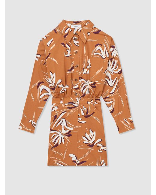 Reiss Brown Valia - Rust Cotton Printed Shirt Dress, Us 0