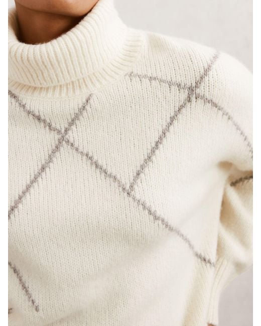 Reiss Natural Cream & Taupe Wool-Blend Roll-Neck Argyle Jumper