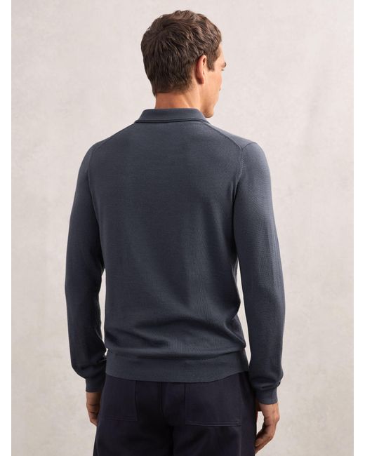 Reiss Blue Trafford Merino Wool Long-Sleeve Polo Shirt for men