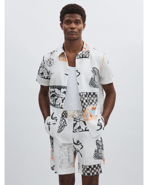 Les Deux White Ivory Print Cotton Printed Shorts for men