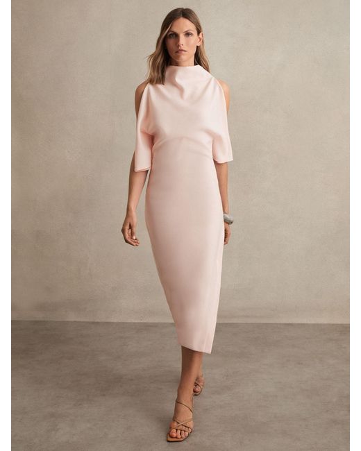 Reiss Natural Draped-Front High-Neck Midi Dress