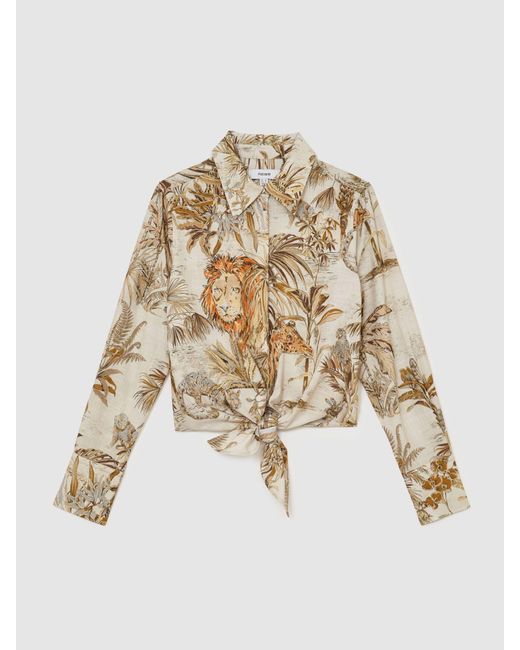 Reiss Natural Cece - Neutral Cotton Safari-print Tie-front Shirt, Us 12