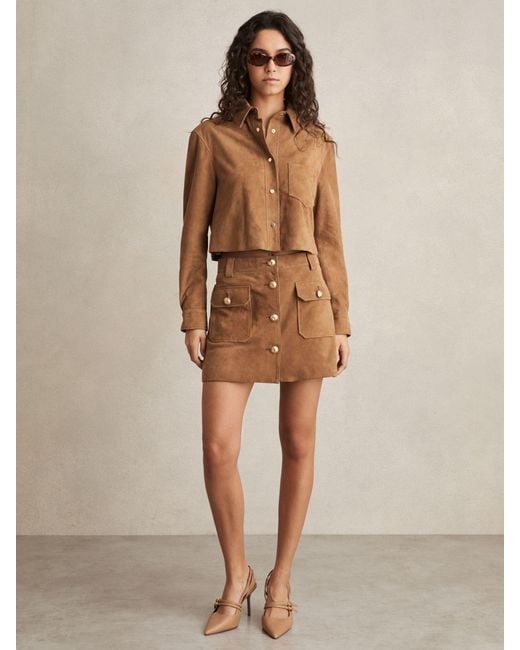 Reiss Natural Connie - Tan Suede Button-through Mini Skirt, Us 14