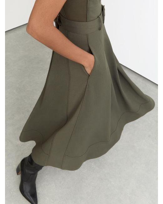 Reiss Green Khaki Ava Mesh-Panel Belted Pleated Midi Dress