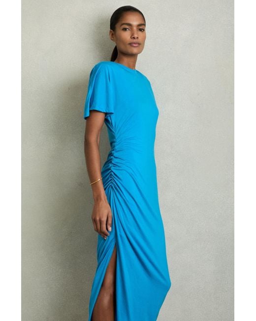 Reiss Blue Blend Ruched Midi Dress