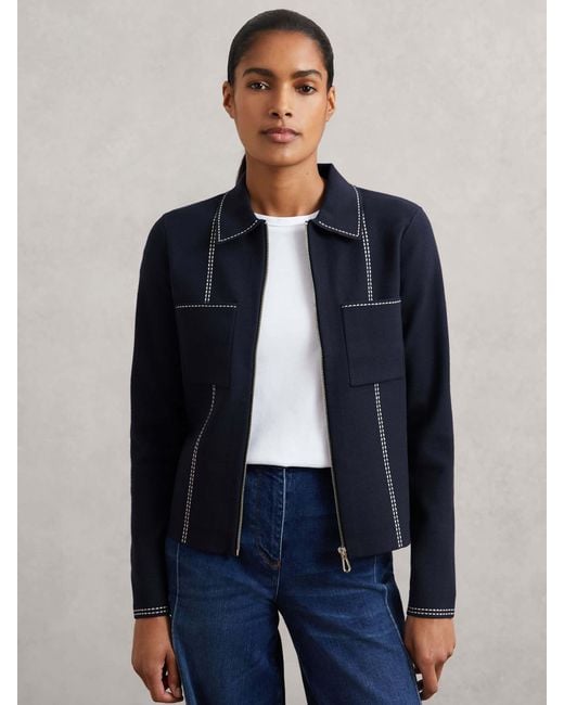 Reiss Blue Stitch-Detail Zip-Through Cardigan