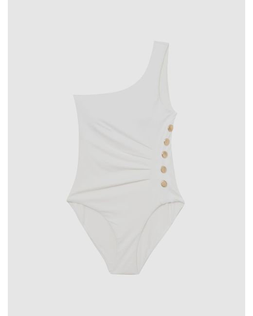 Reiss White One-Shoulder Button-Detail Swimsuit