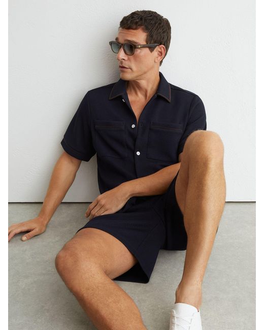 Reiss Blue Textured Piped Short-Sleeve Shirt for men