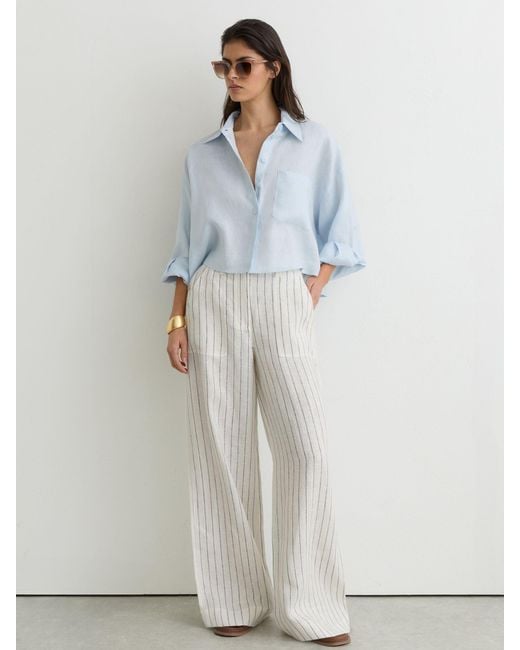 Reiss White Linen Pinstripe Wide-Leg Trousers