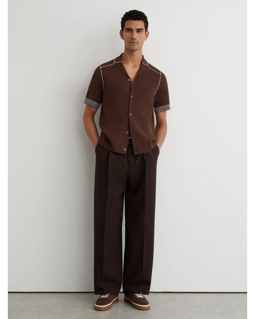 Reiss Brown Stitch-Detail Cuban-Collar Knit Shirt for men