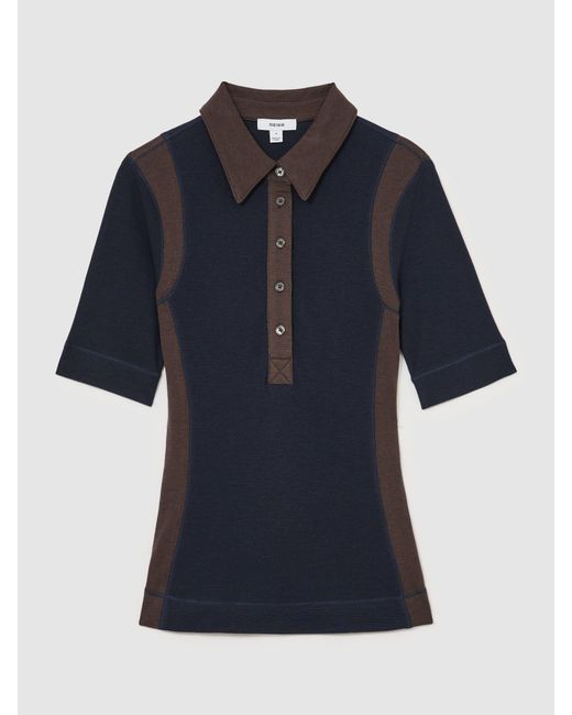 Reiss Blue Chocolate Colour-Block Half-Button Top With Wool
