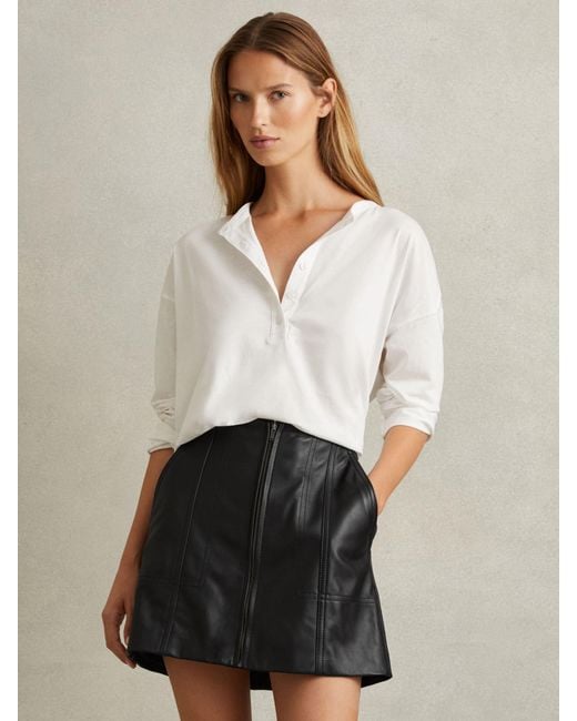 Reiss White Leather Zip-Front Mini Skirt