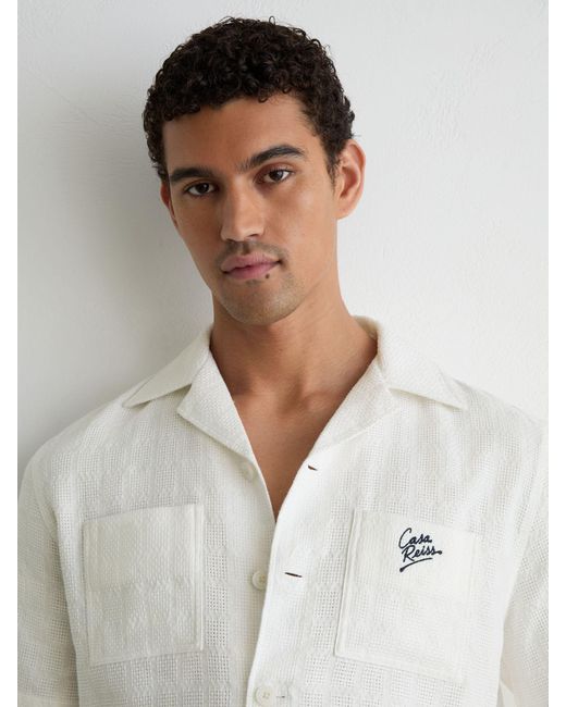 Reiss White Cotton Textured Four-Pocket Logo Shirt for men