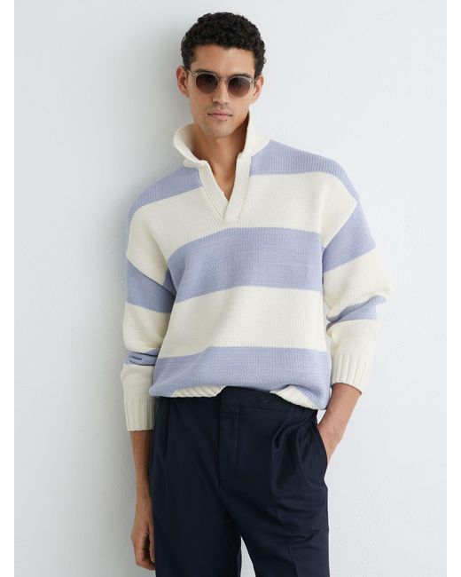 Reiss White Soft Melange Cotton-Blend Open-Collar Rugby Jumper for men