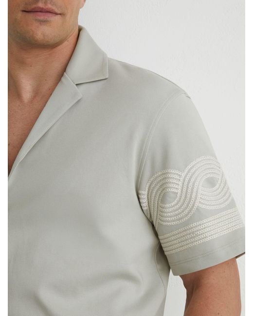 Reiss Gray Arden Cotton-Blend Embroidered Cuban-Collar Shirt for men