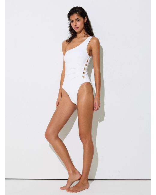 Reiss White One-Shoulder Button-Detail Swimsuit