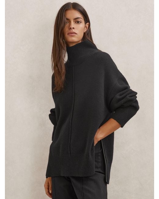 Reiss Black Wool Zip-Detail Funnel-Neck Jumper