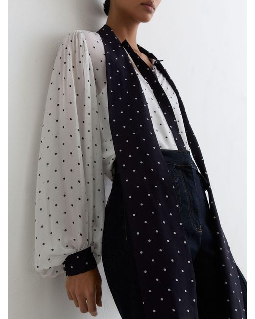 Reiss Blue Arial - Ivory/navy Polka-dot Tie-neck Blouse, Us 14