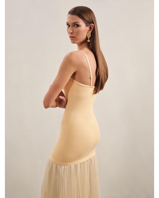 Reiss Natural Milana - Yellow Pleated Skirt Ribbed Midi Dress, Us 10