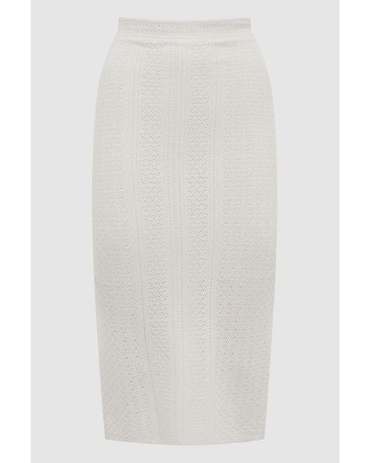 Reiss White Judy - Ivory Knitted Crochet Midi Skirt Co-ord, Uk X-small