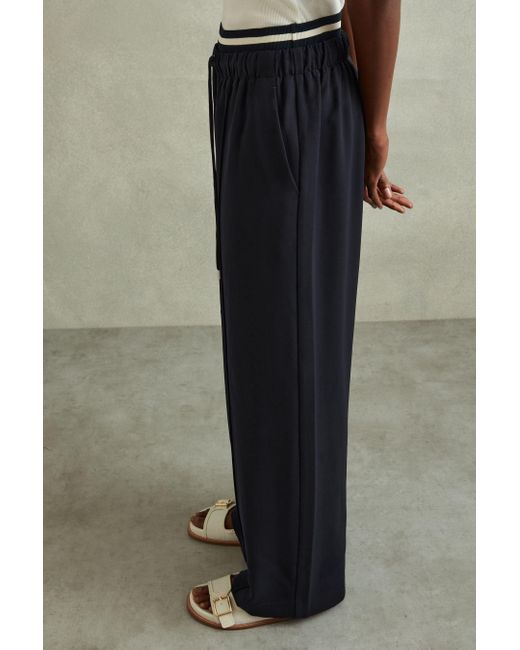 Reiss Blue Petite Waistband Detail Wide Leg Trousers