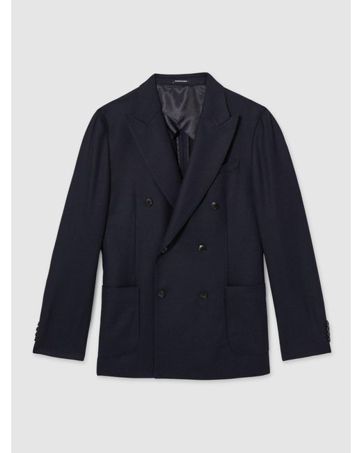 Reiss Blue Slim-Fit Double-Breasted Textured Wool-Blend Suit Blazer for men