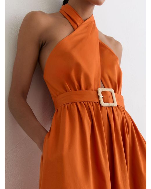 Reiss Rowe - Orange Cotton Halterneck Belted Midi Dress, Us 0
