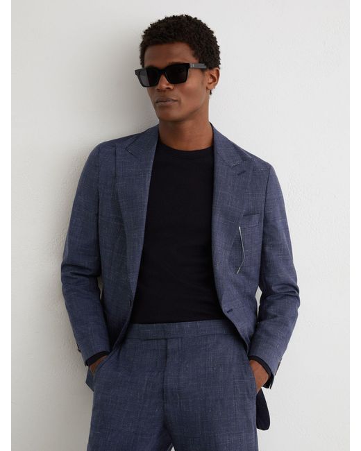 Reiss Blue Wool-Blend Check Classic-Fit Suit Trousers for men