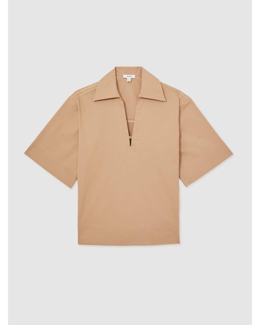 Reiss Natural Dara - Camel Cotton Blend Craft Stitch Collared Top, Us 0