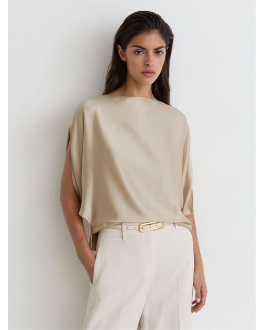 Reiss Gray Silk Draped Split-Sleeve Top