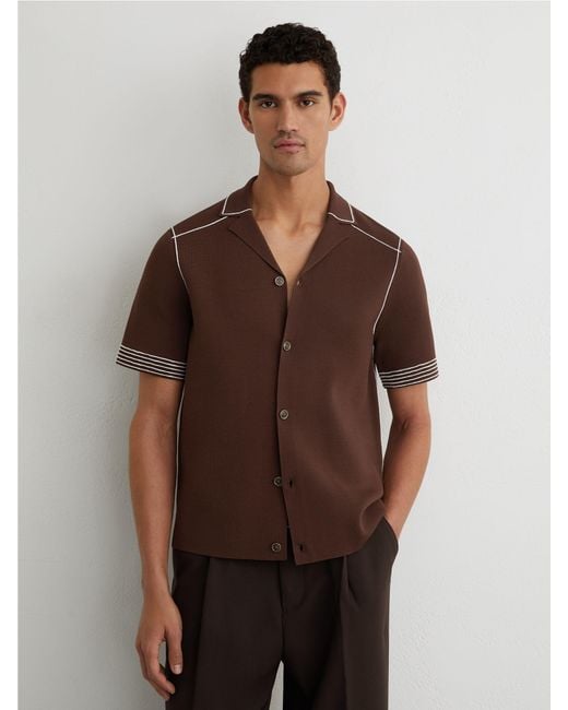 Reiss Brown Stitch-Detail Cuban-Collar Knit Shirt for men