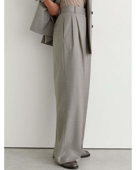 Reiss Gray Wool-Blend Wide-Leg Pleated Trousers