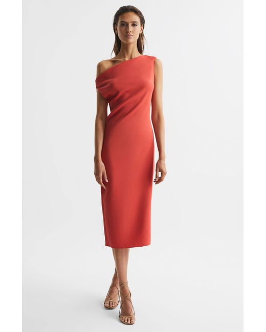 Reiss Red Zaria - Coral Off-shoulder Bodycon Midi Dress, Us 12
