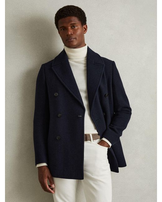 Reiss Blue Wool Blend Double Breasted Peacoat for men