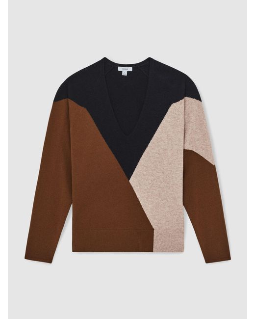 Reiss White Toffee & & Neutral Wool-Blend Colourblock Knit Jumper With Cashmere