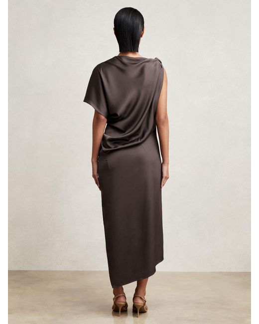 Reiss Natural Satin Draped Asymmetric Midi Dress