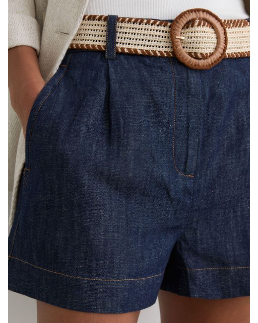 Reiss Blue Beau - Indigo Cotton-linen Belted Shorts, Us 4