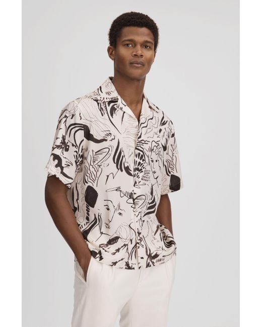 Reiss Multicolor Epoque - Black/white Sketch Design Cuban Collar Shirt for men