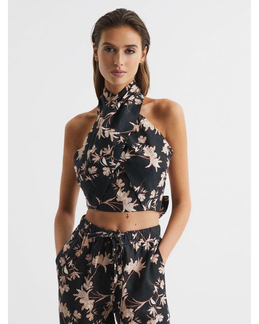 Reiss Multicolor Ally - Black/blush Ally Printed 100% Linen Halter Neck Cropped Top, Us 8