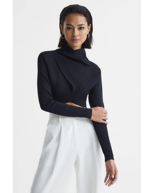 Reiss Blue Elsie - Navy High Neck Cropped Co Ord Top, L