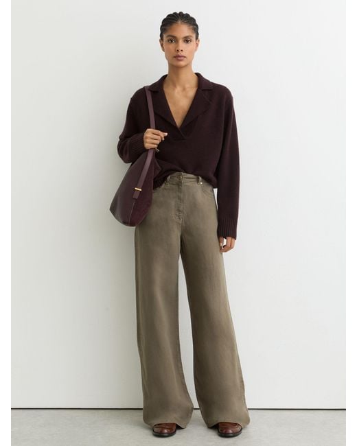 Reiss Multicolor Carmen - Khaki Green Lyocell-linen Wide-leg Trousers, Us 10 L