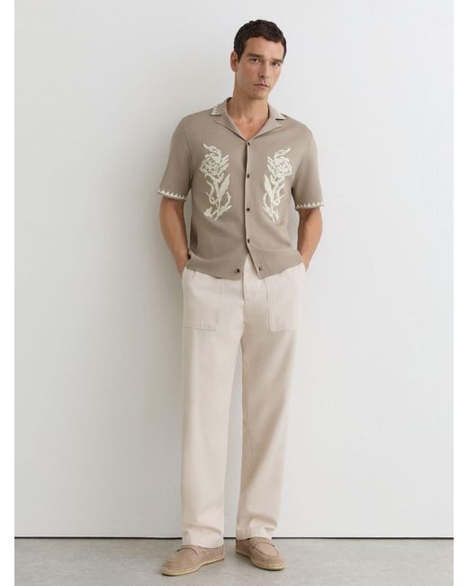 Reiss Natural Floral-Embroidered Knitted Shirt for men