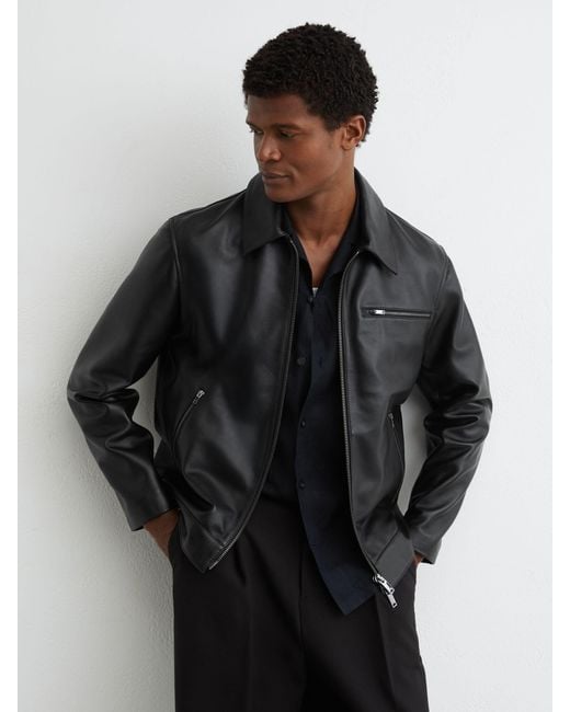 Reiss Black Leather Zip-Through Jacket for men