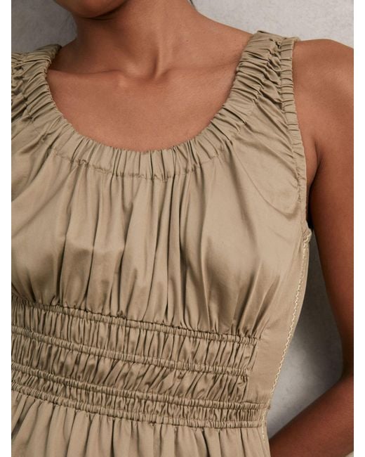 Reiss Natural Anouk - Khaki Cotton Craft-stitch Shirred Midi Dress, Us 12