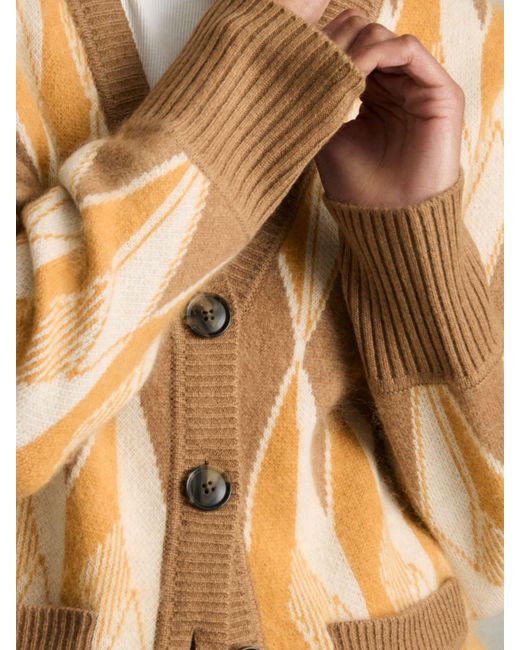 Reiss Natural Francesca Cardigan Wool Diamond Jacquard, Camel