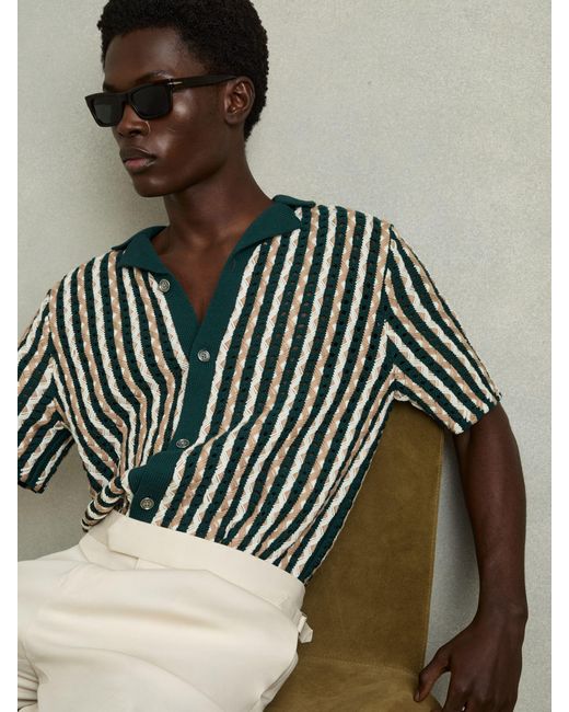 Reiss Roulette - Green Textured-knit Cuban-collar Shirt, M for men