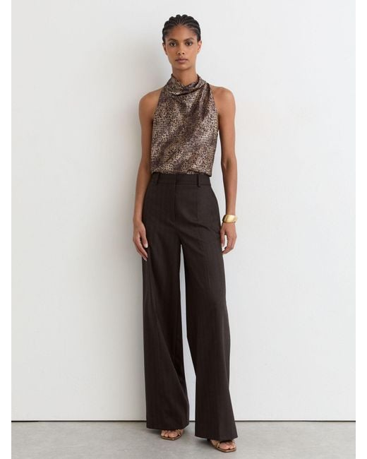 Reiss Brown Silk Printed Cowl-Neck Sleeveless Top