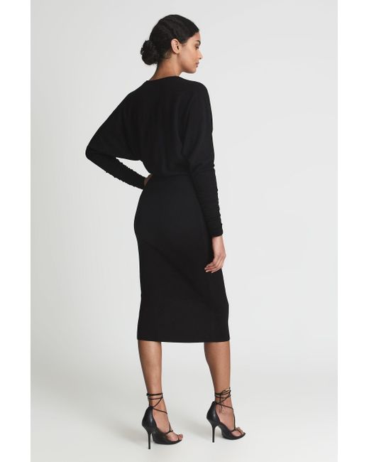 Reiss Jenna - Black Petite Wool Blend Ruched Sleeve Midi Dress, S