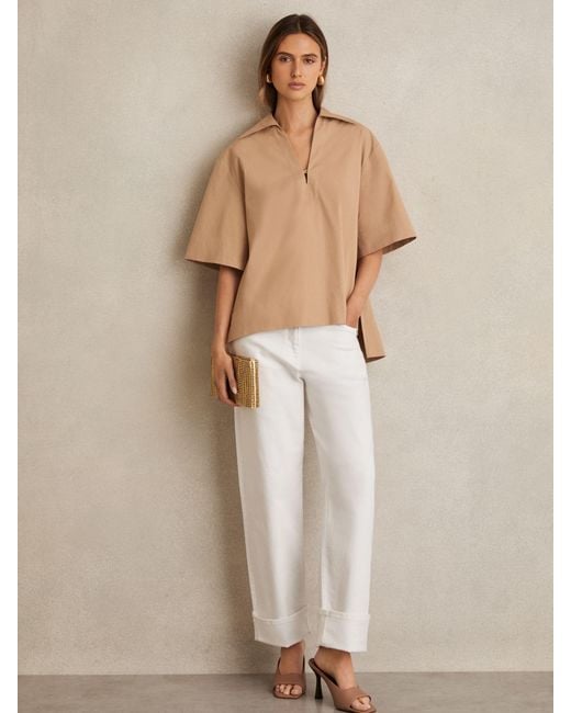 Reiss Natural Dara - Camel Cotton Blend Craft Stitch Collared Top, Us 0