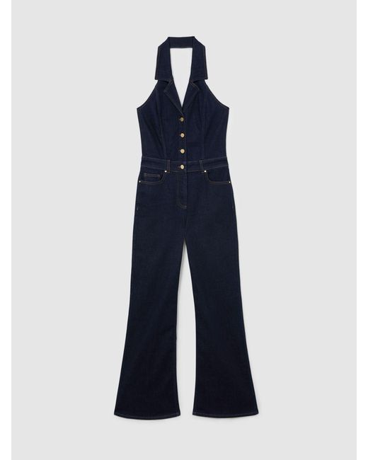 Reiss Blue Denim Halterneck Flared Jumpsuit